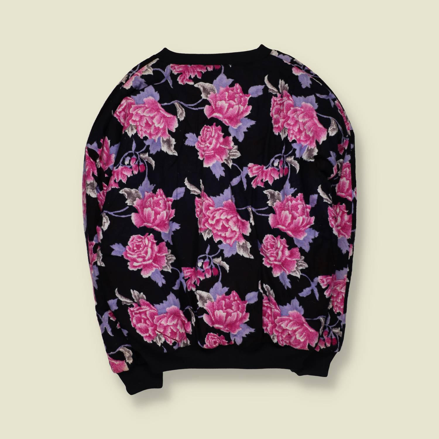 1980s | Floral Print Sweatshirt | Black / Pink - 22