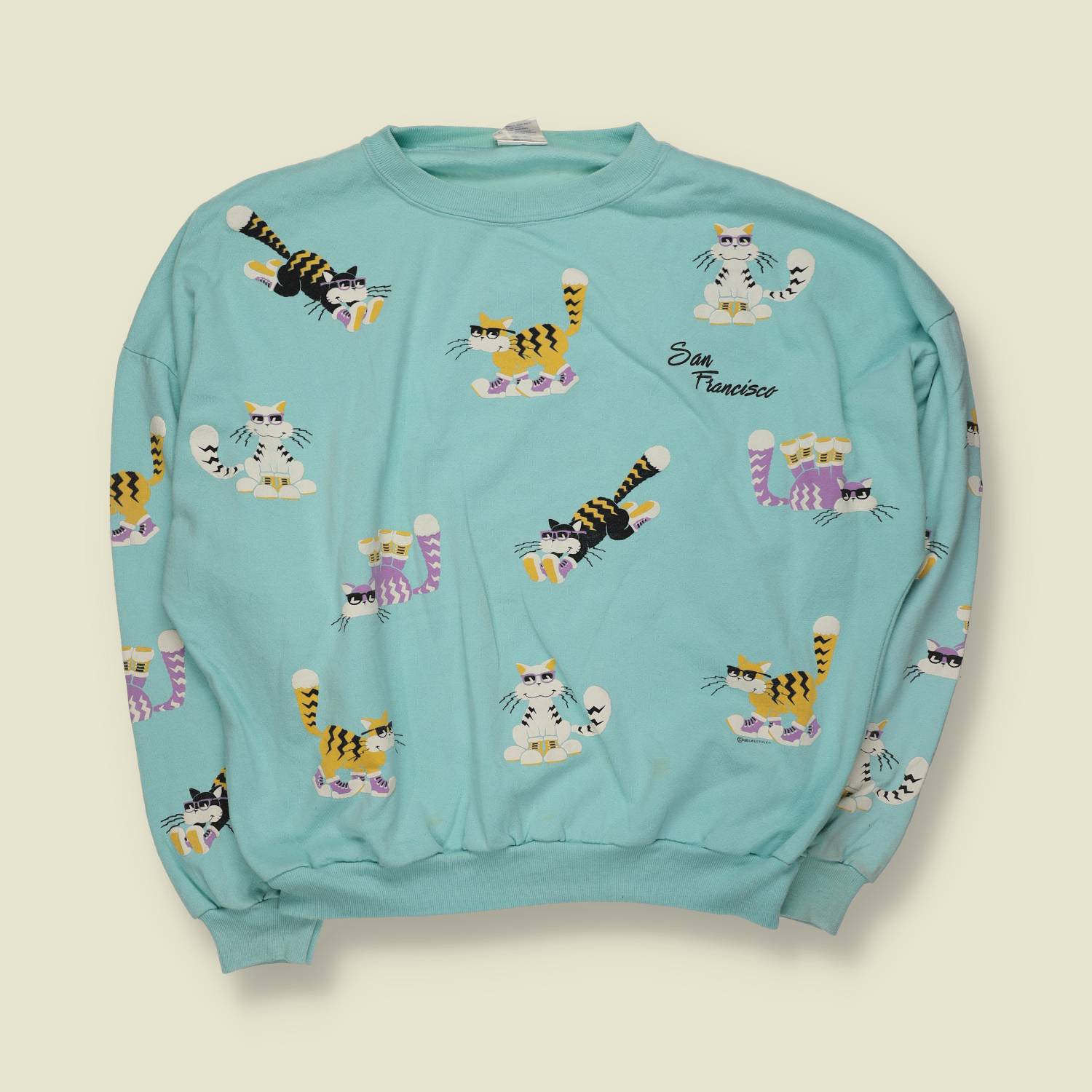 1980s | San Francisco Cat Print Sweatshirt | Turquoise - 24