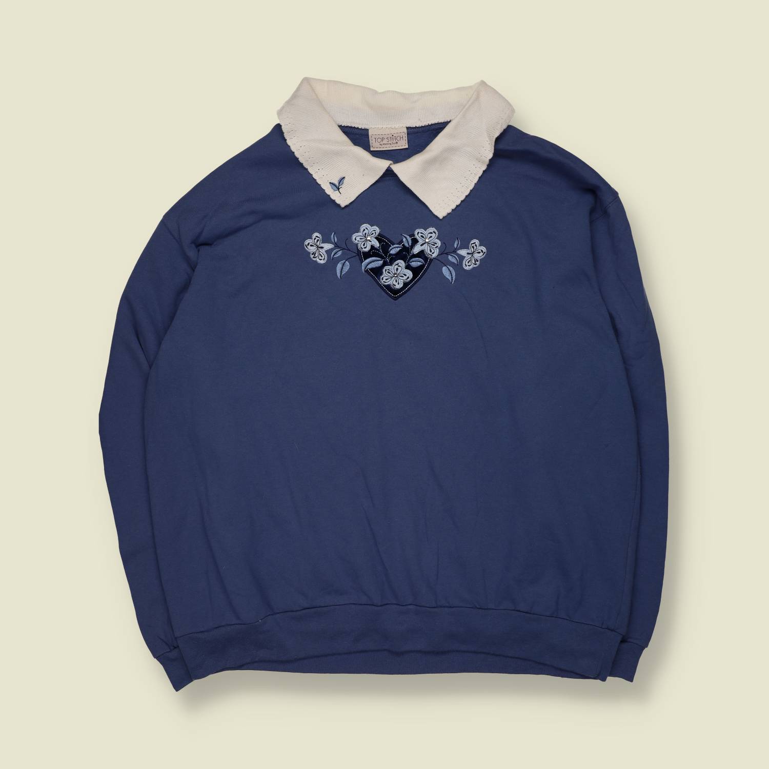 1980s | Top Stitch | Embroidered Collar Sweatshirt | Blue - 22