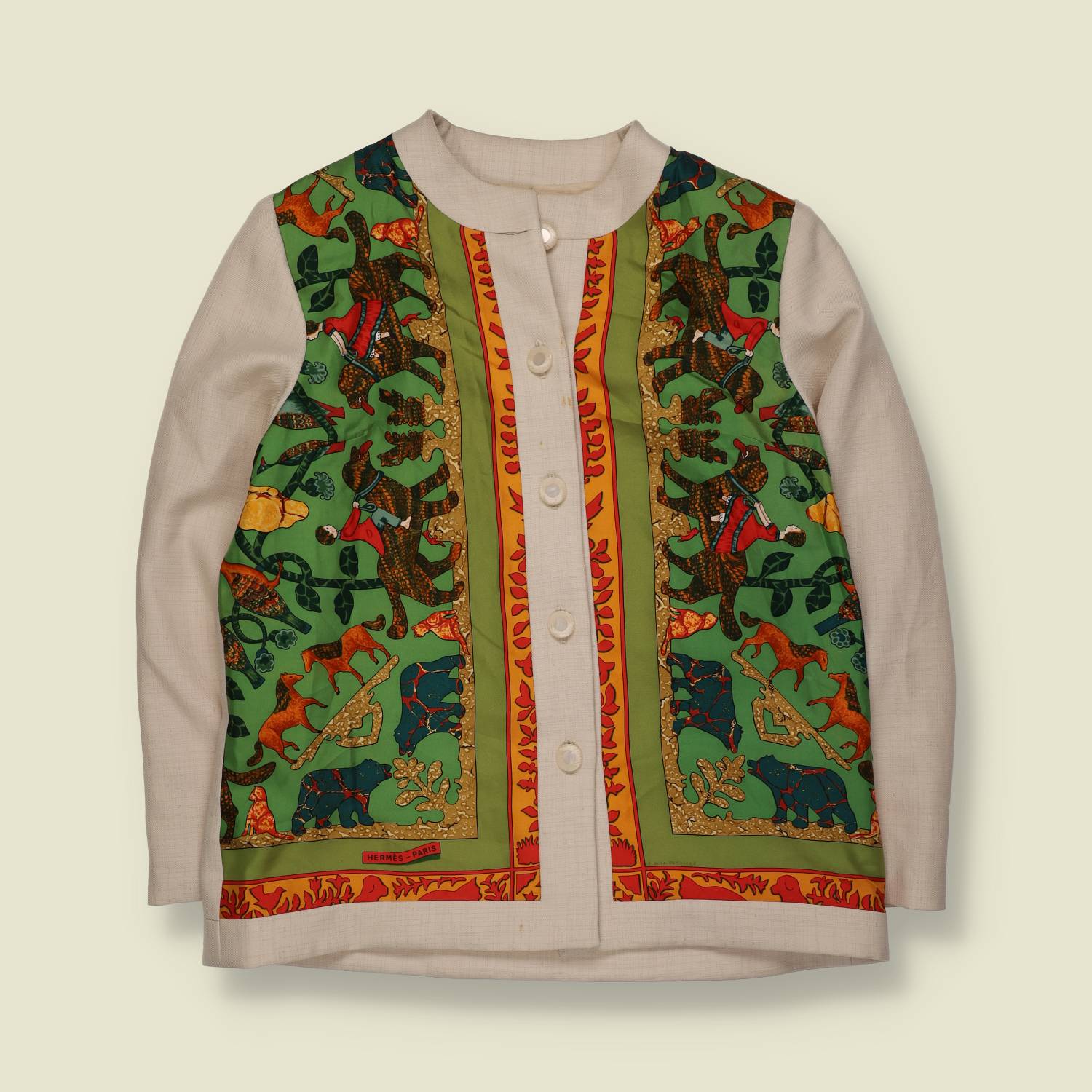 1980s | Handmade Linen Jacket | Hermès “Early America” Scarf Panel - 12