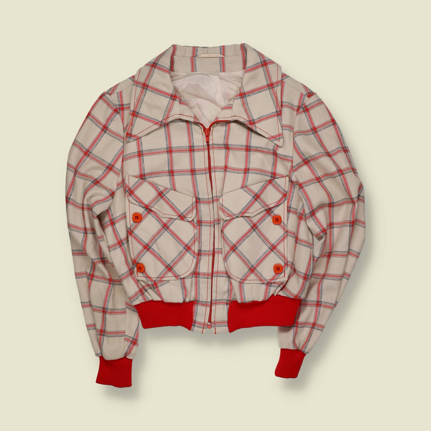 1970s | Plaid Bomber Jacket | Cream And Red Check - 12