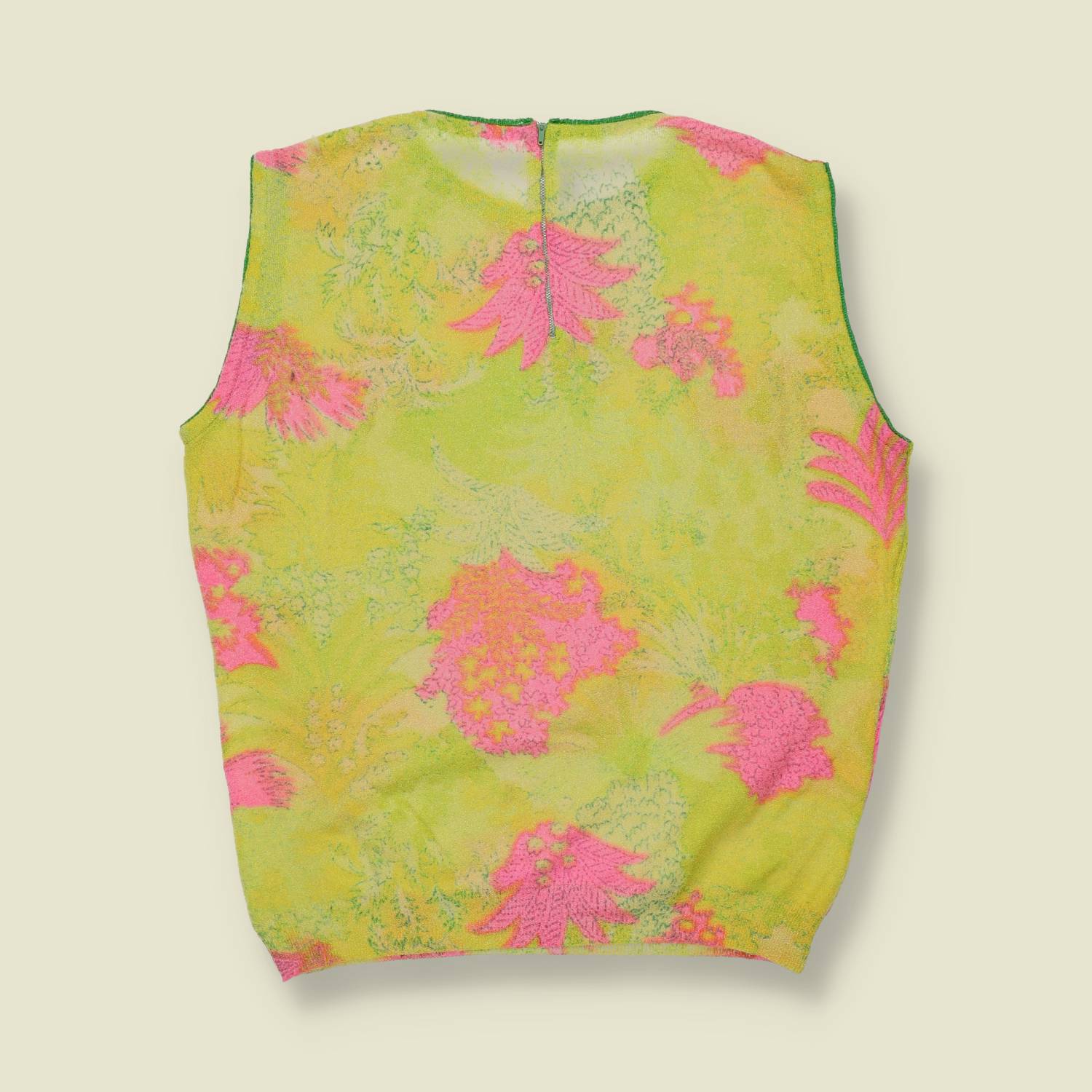 1970s | Sleeveless Top | Floral Print | Lime - 12
