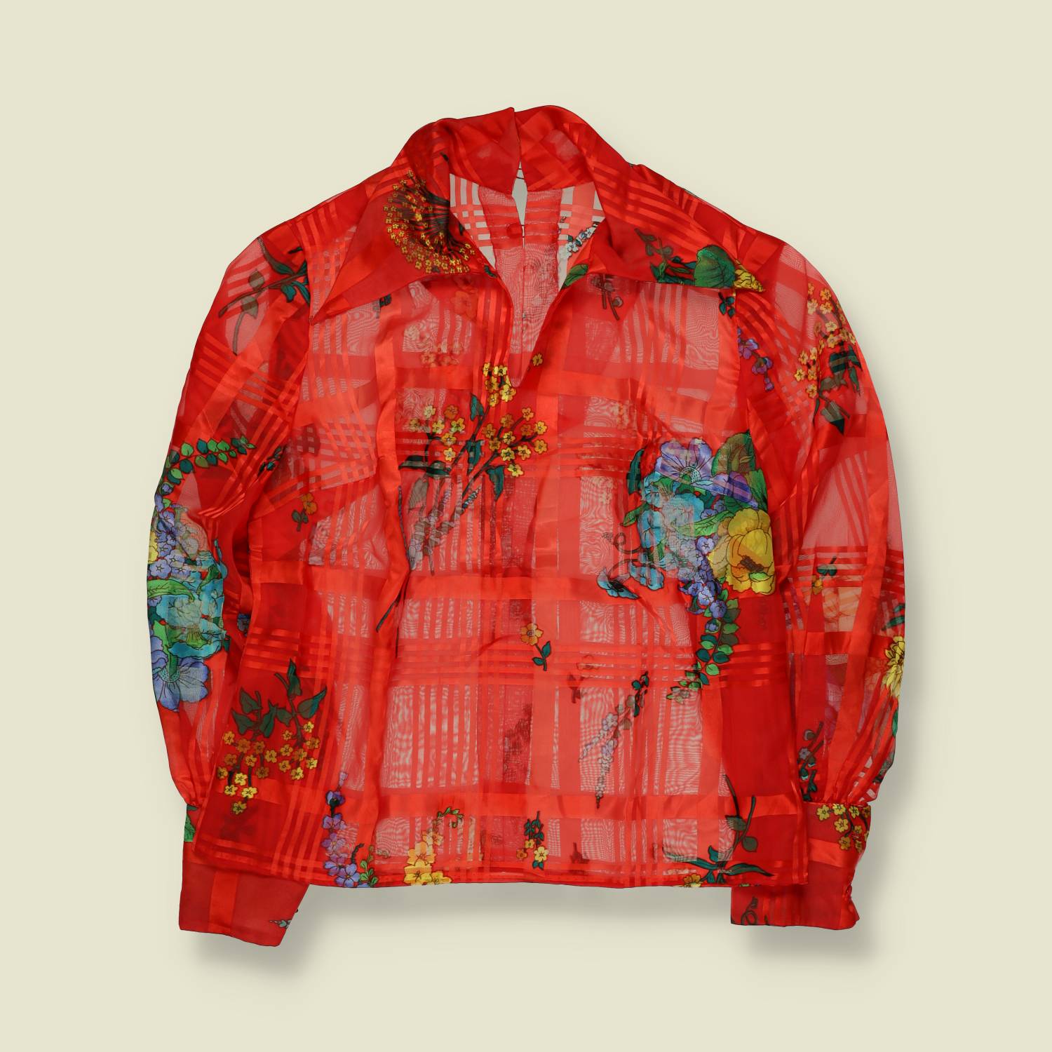 1970s | Sheer Floral Blouse | Red – 14