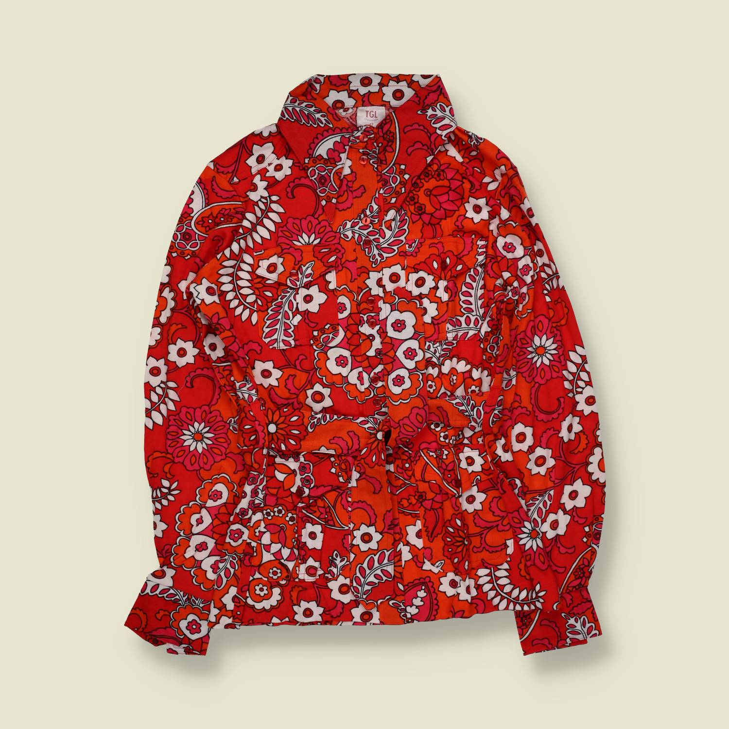 1970s | TGL | Deadstock Belted Floral Blouse | Red – 10