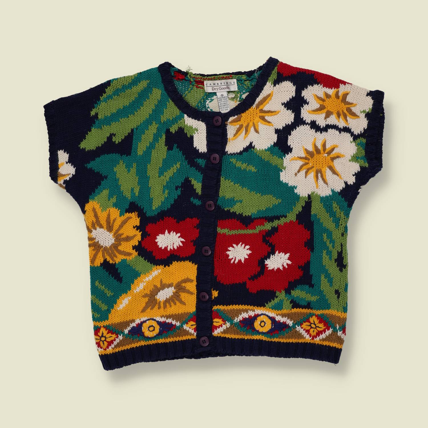 1980s–1990s | Cambridge Dry Goods | Floral Knit Cardigan | Navy – 10