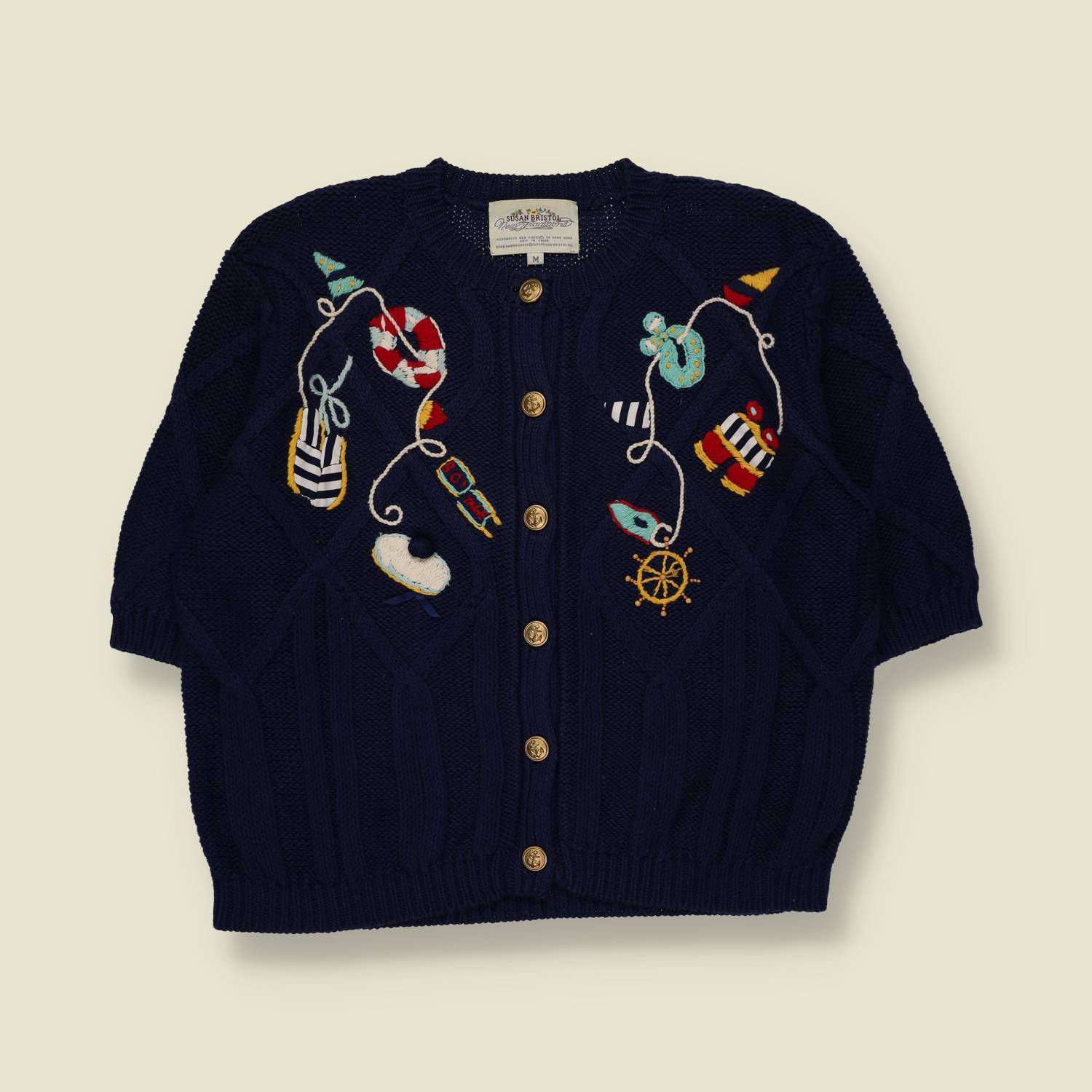 1980s | Susan Bristol | Nautical Embroidered Knit Cardigan | Navy – 14