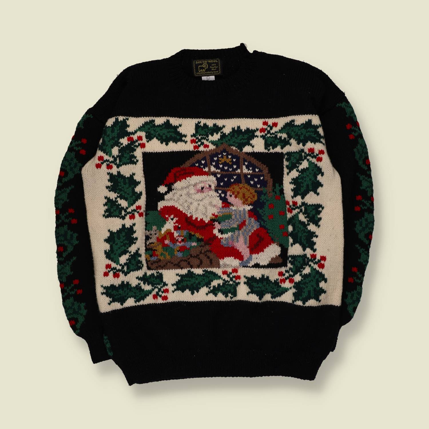 1980s | South Wool | Hand Knitted Christmas Jumper | Black – 16