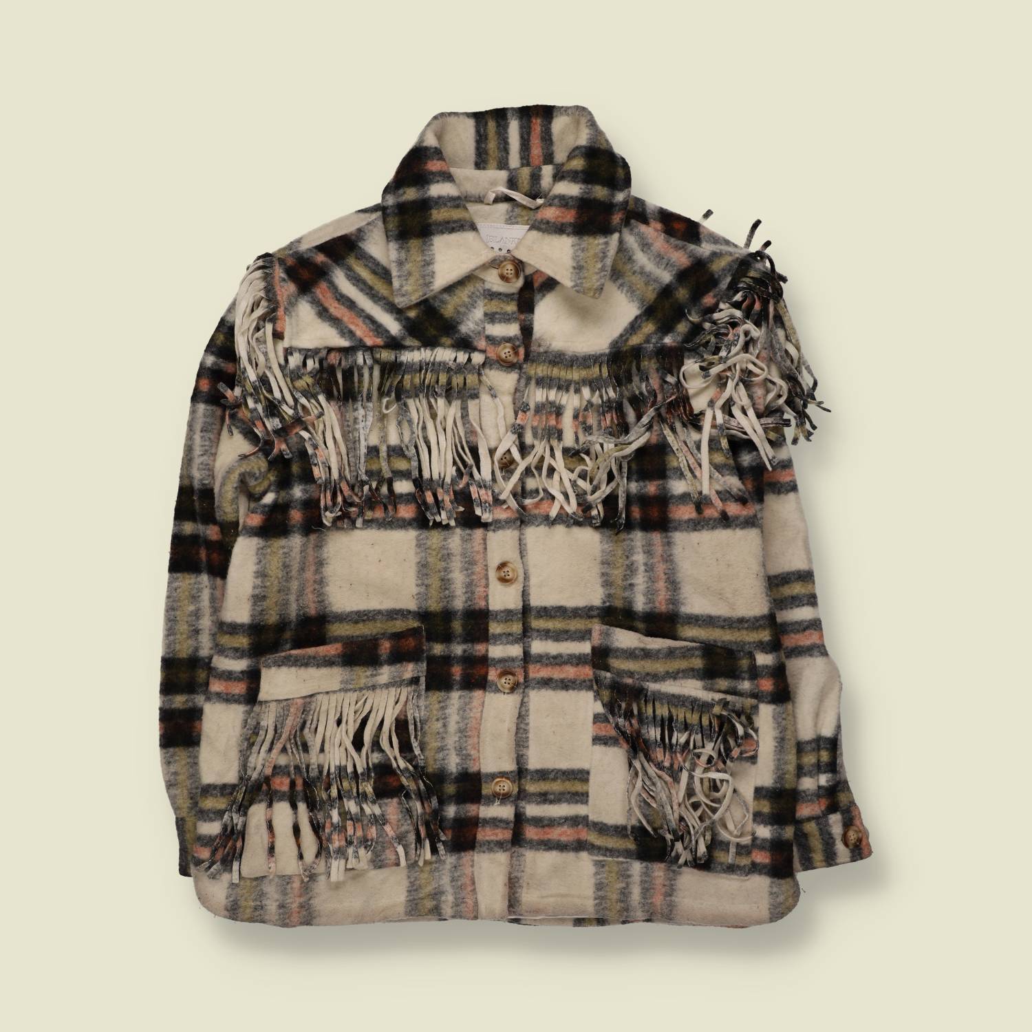 2000s | Blanku | Western Fringe Tartan Coat | Cream - 16