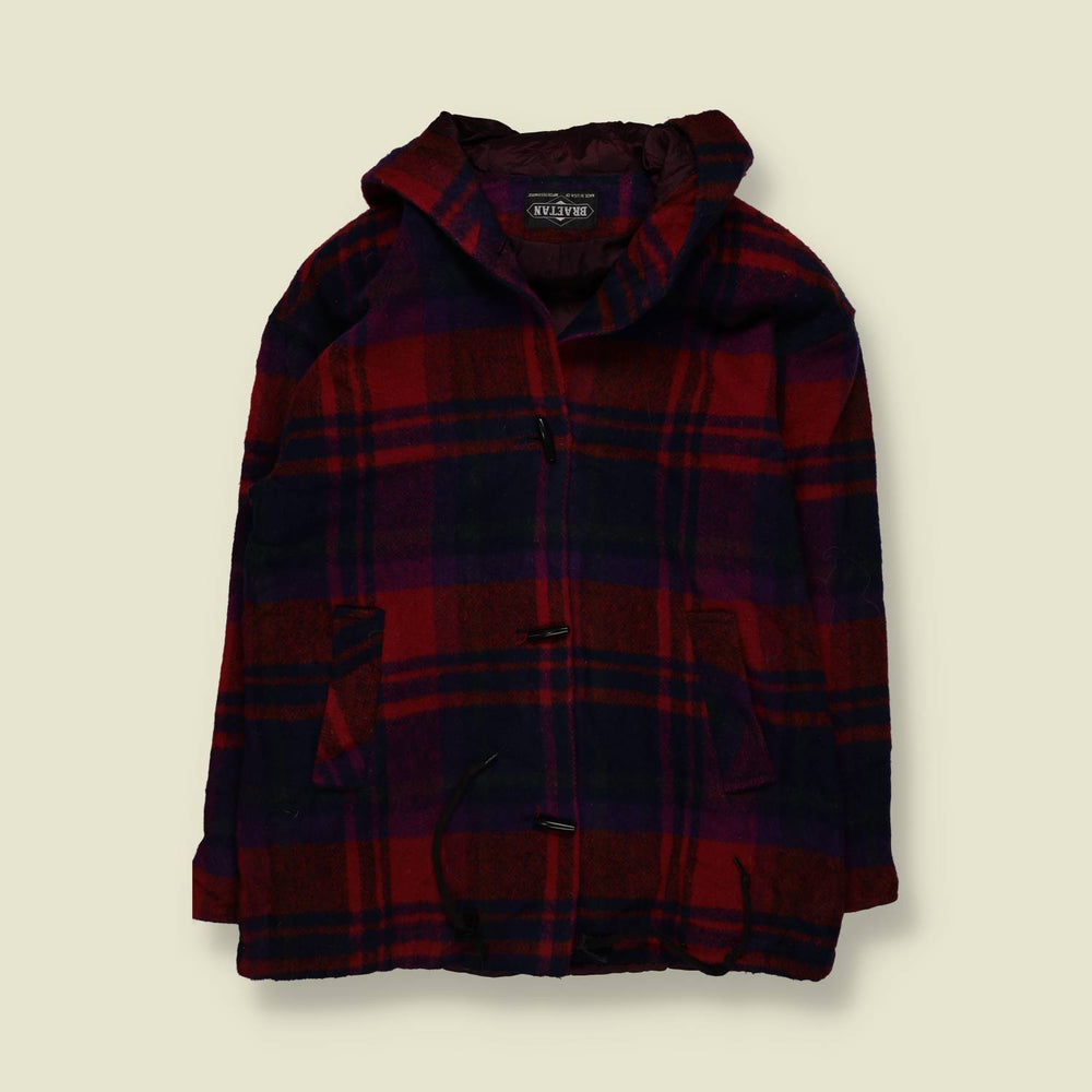1990s | Braetan | Hooded Tartan Wool Coat | Burgundy - 16