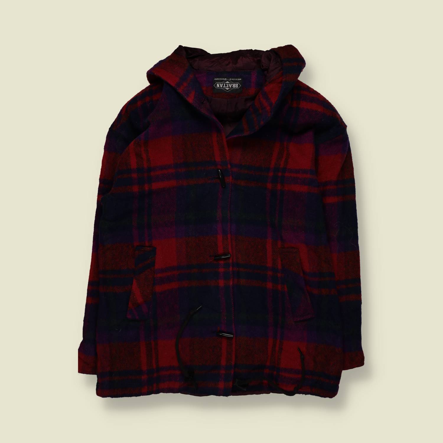 1990s | Braetan | Hooded Tartan Wool Coat | Burgundy - 16