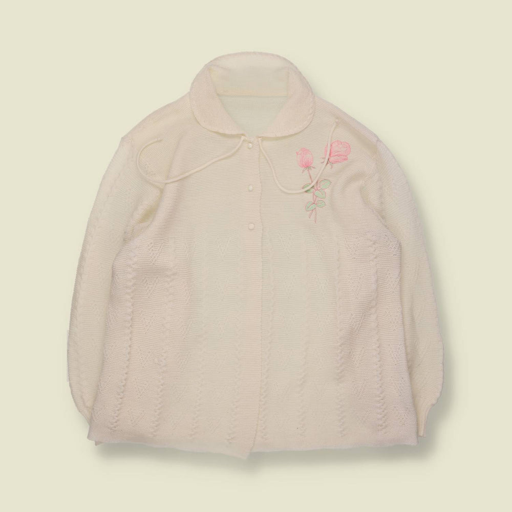 1970s | Rose Embroidered Knit Cardigan | White - 16