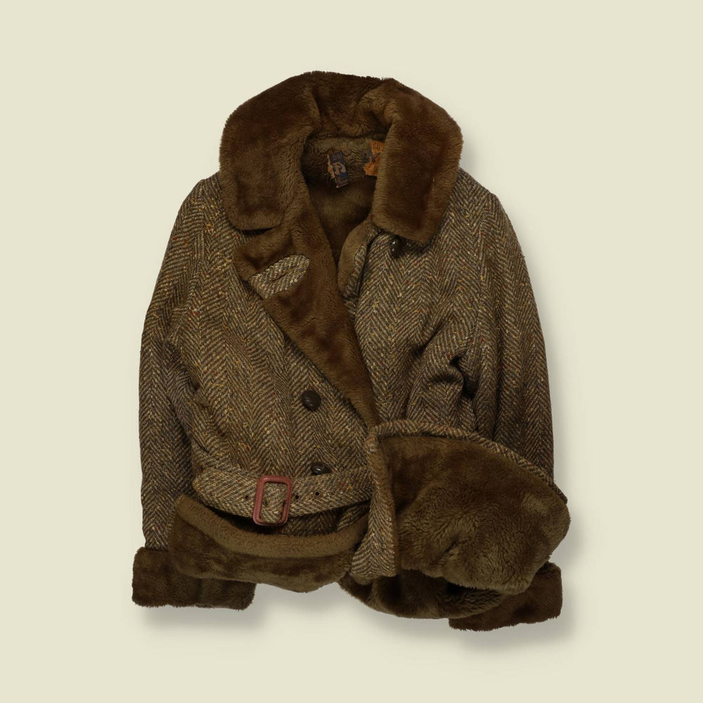 1970s | Faux Fur Trim Herringbone Coat | Brown - 12