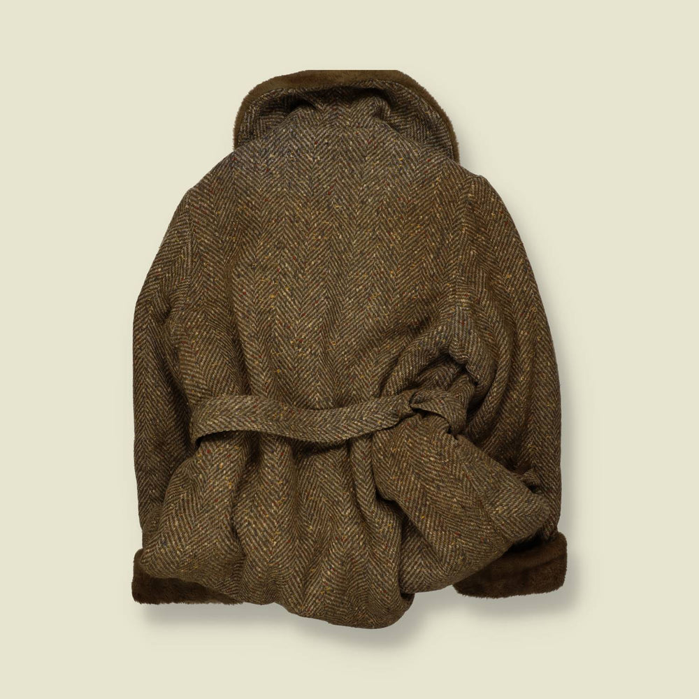 1970s | Faux Fur Trim Herringbone Coat | Brown - 12