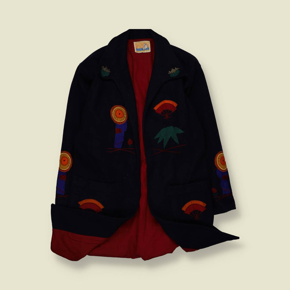 1970s | Embroidered Wool Coat | Navy - 12