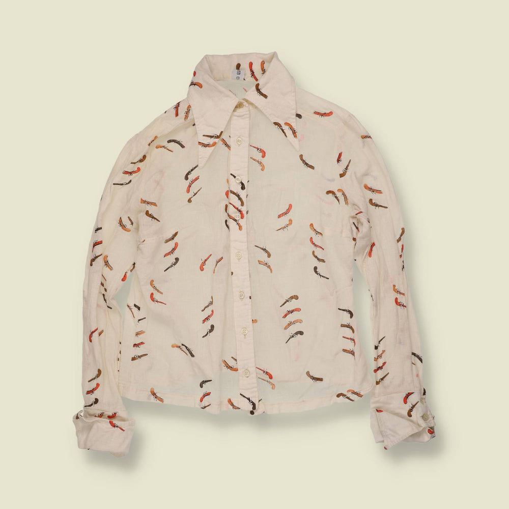 1970s | Novelty Pistol Print Blouse | Cream - 8