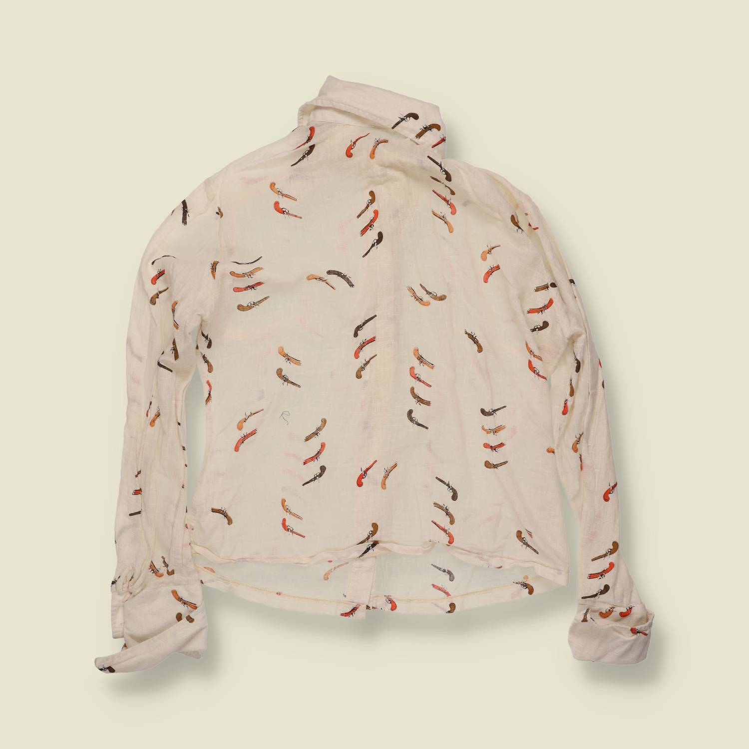 1970s | Novelty Pistol Print Blouse | Cream - 8