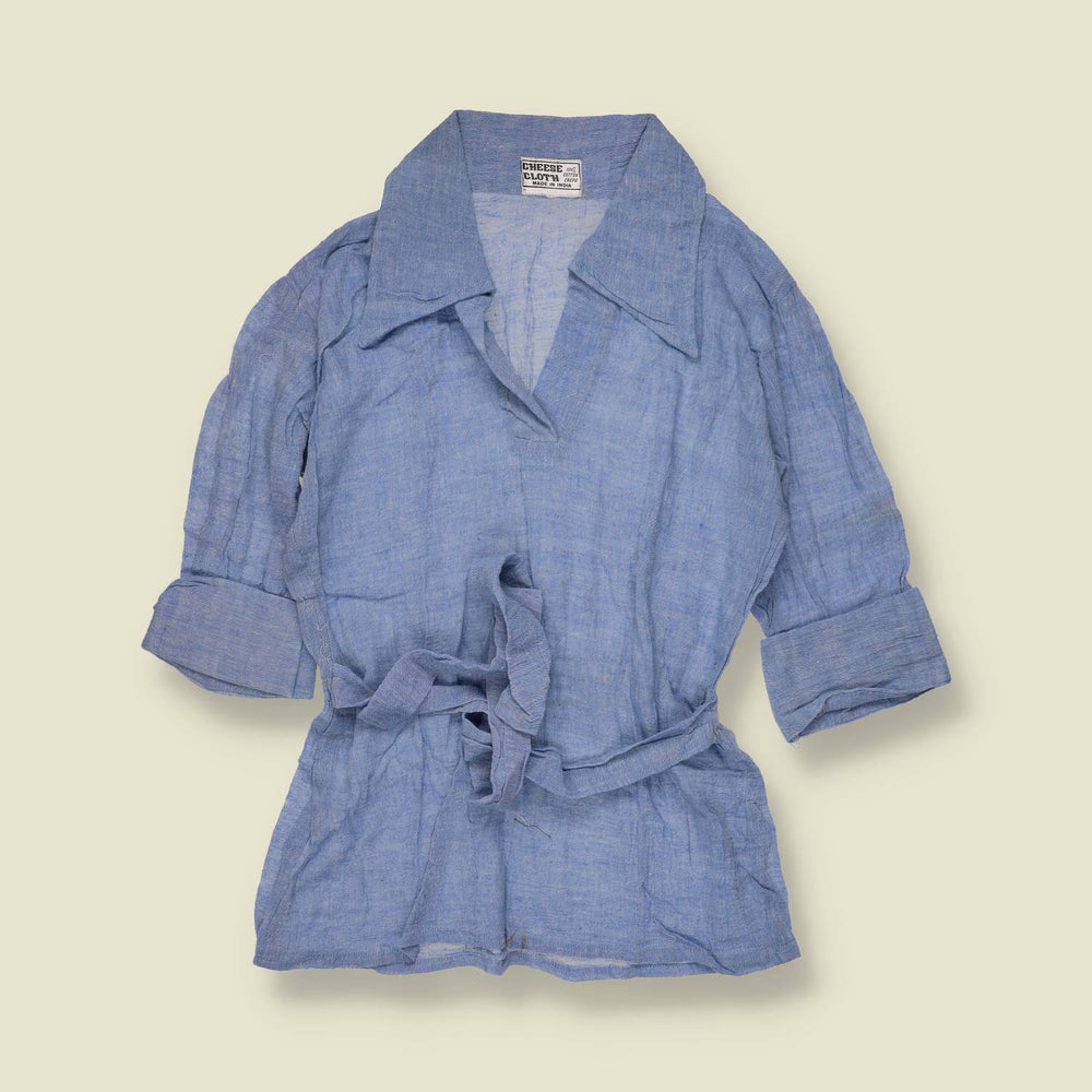 1970s | Cheese Cloth | Deadstock Belted Blouse | Blue - 12