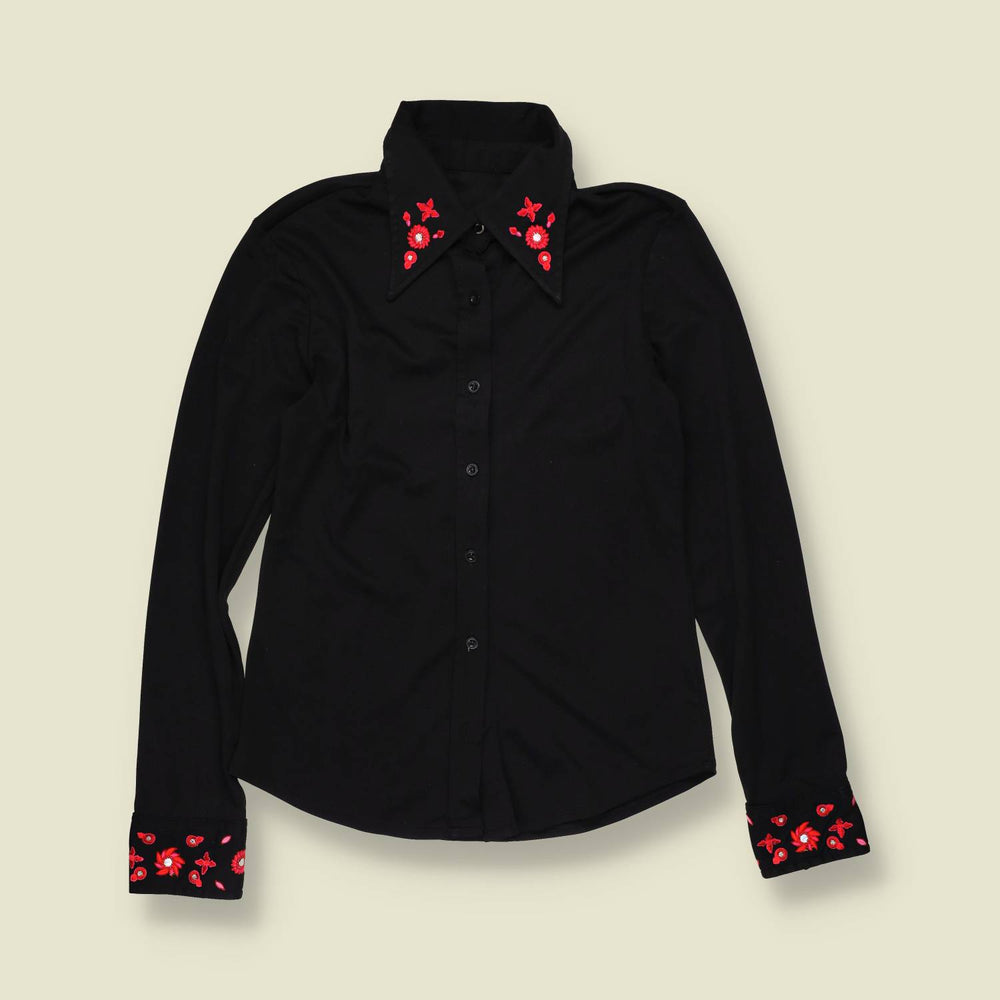 1970s | Western Style Embroidered Blouse | Black - 8