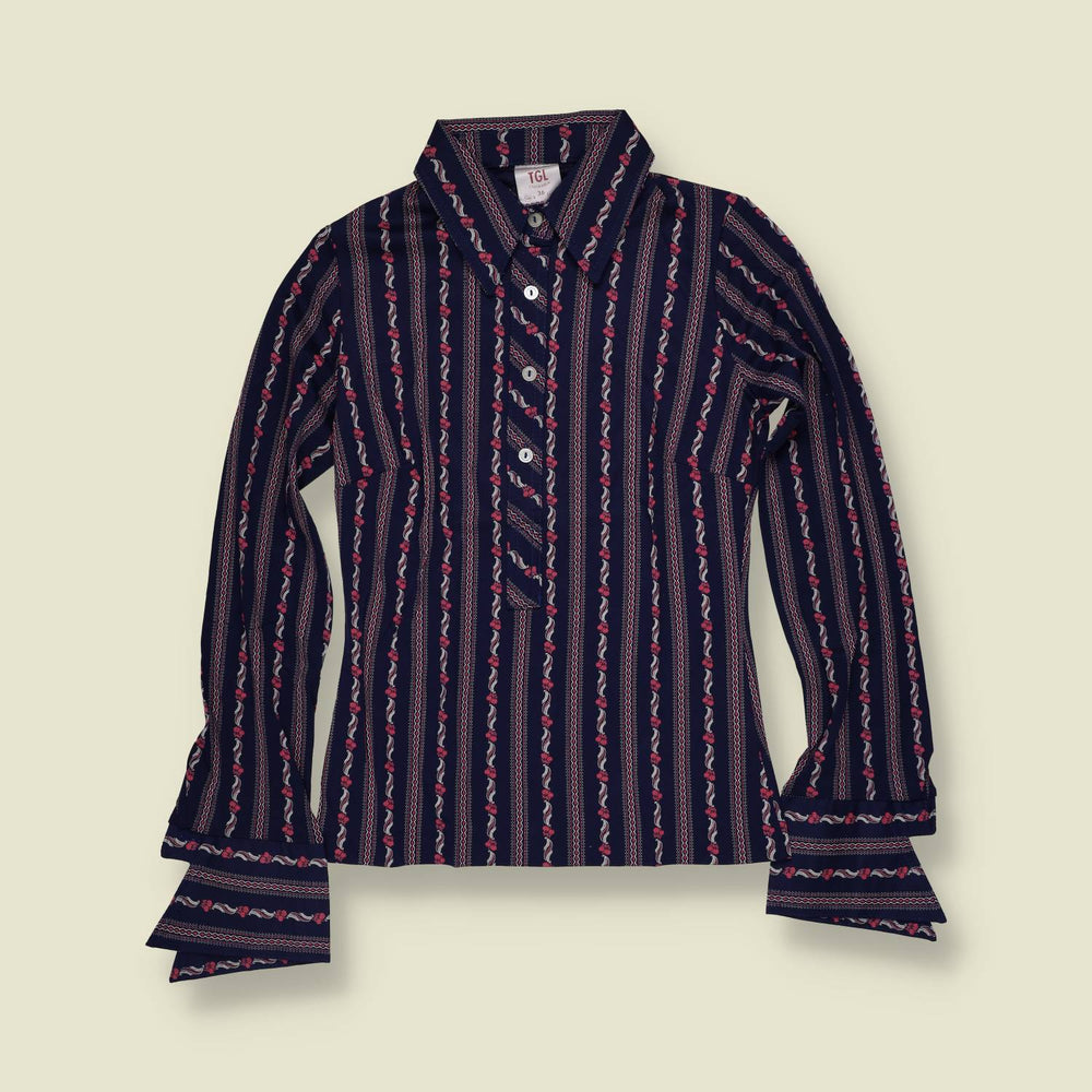 1970s | TGL | Deadstock Floral Stripe Blouse | Navy - 6