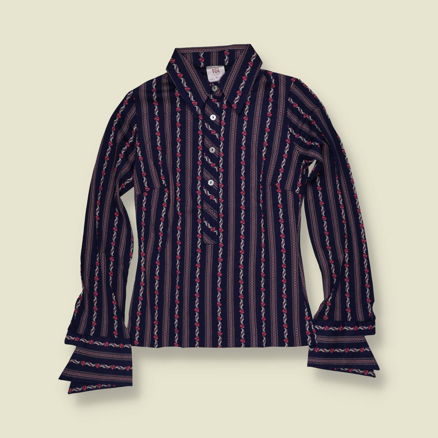 1970s | TGL | Deadstock Floral Stripe Blouse | Navy - 6