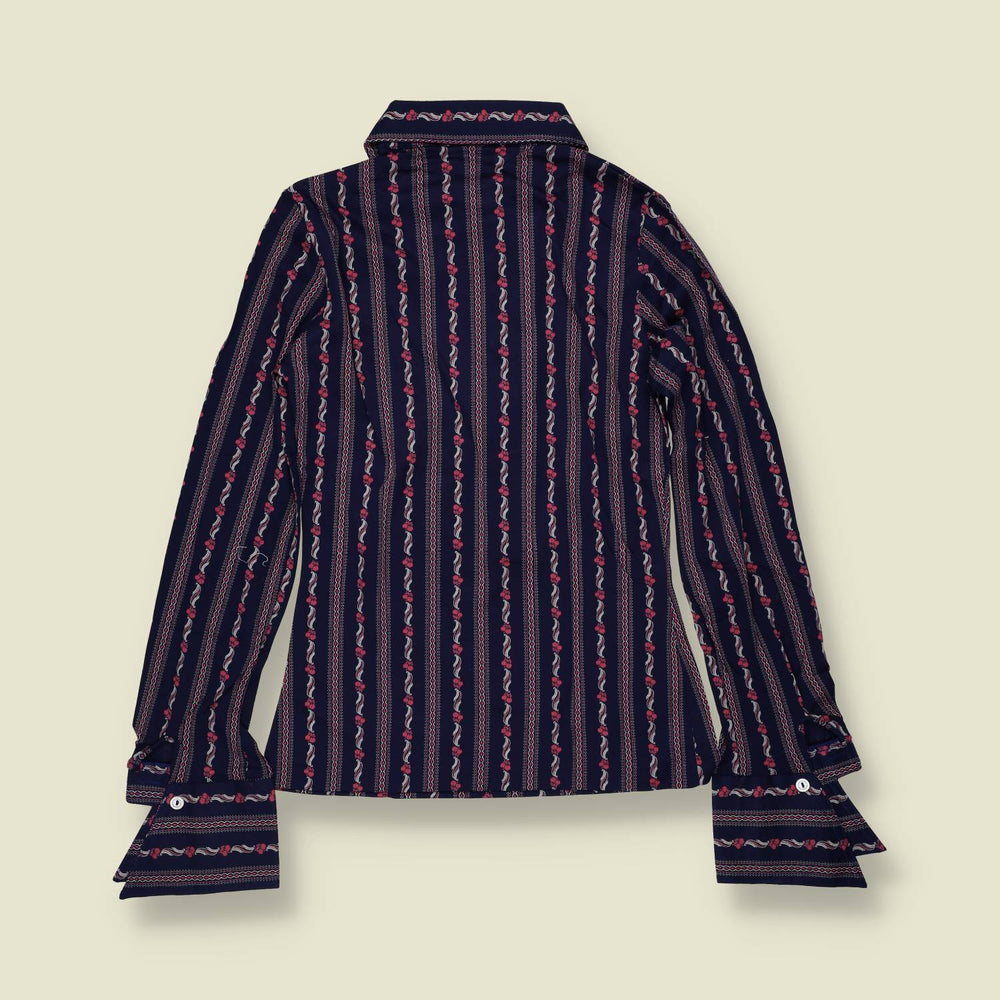 1970s | TGL | Deadstock Floral Stripe Blouse | Navy - 6