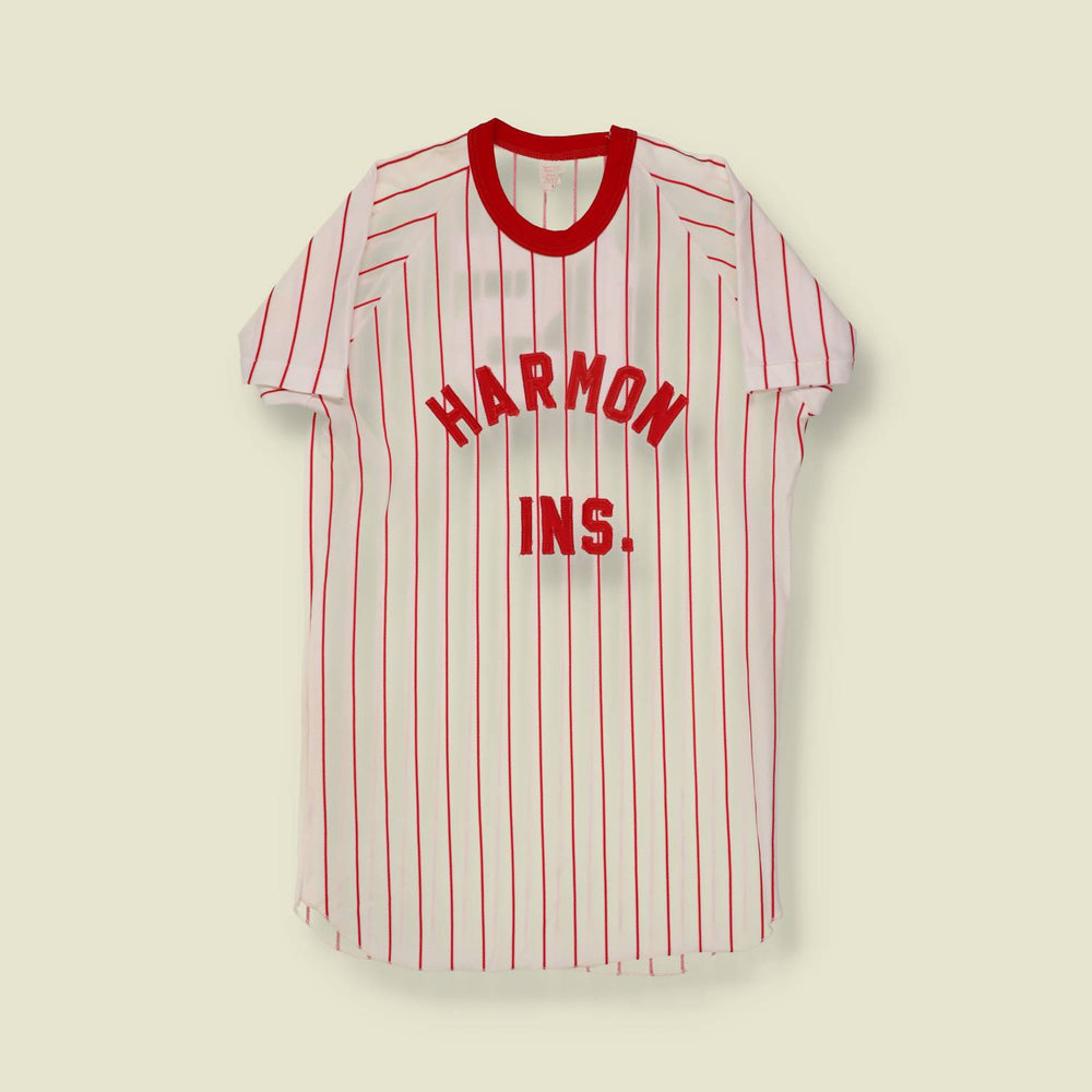 1970s Southern Athletic Red Pinstripe Baseball Jersey “Harmon Ins.” #15 - S/M