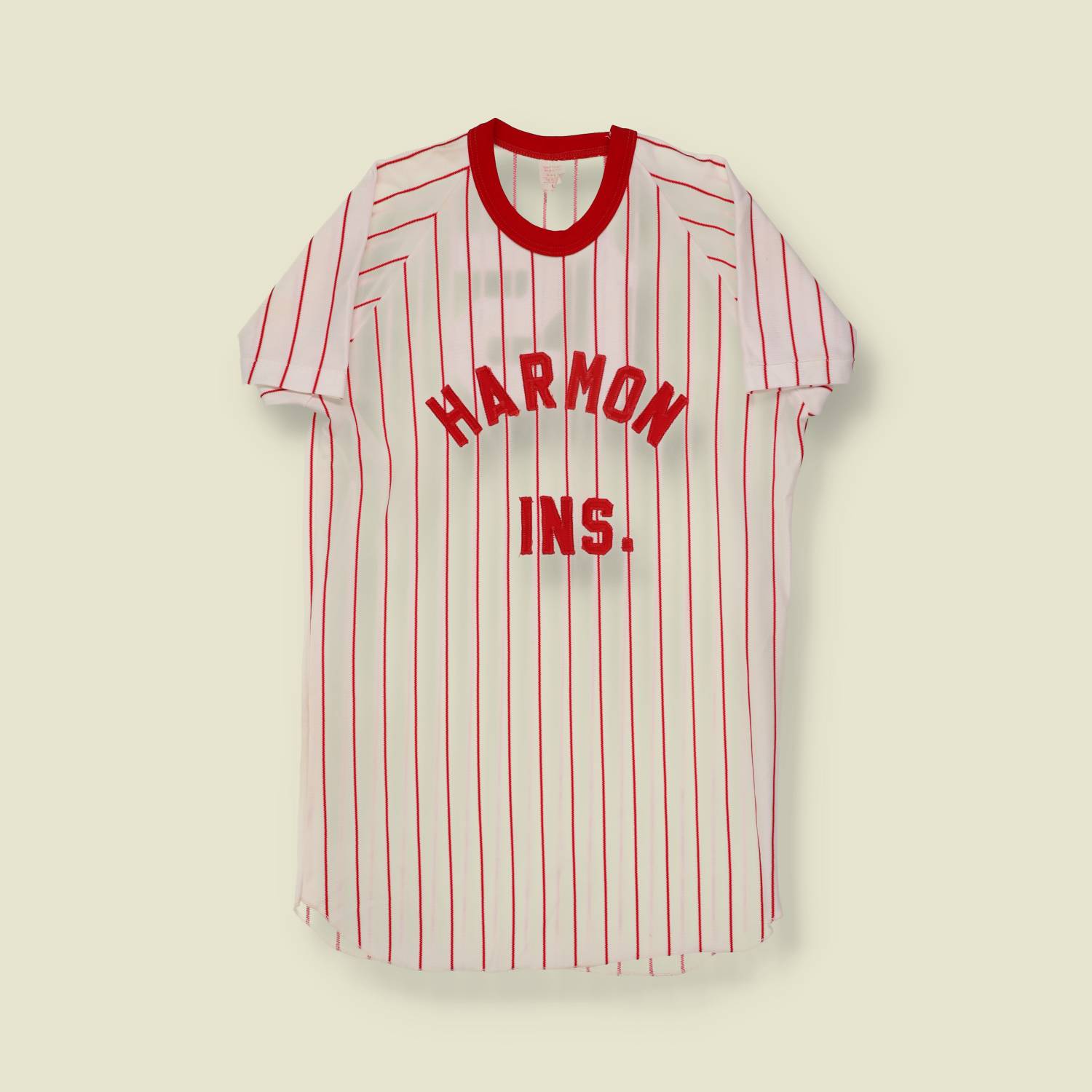 1970s Southern Athletic Red Pinstripe Baseball Jersey “Harmon Ins.” #15 - S/M