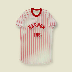 1970s Southern Athletic Red Pinstripe Baseball Jersey “Harmon Ins.” #15 - S/M