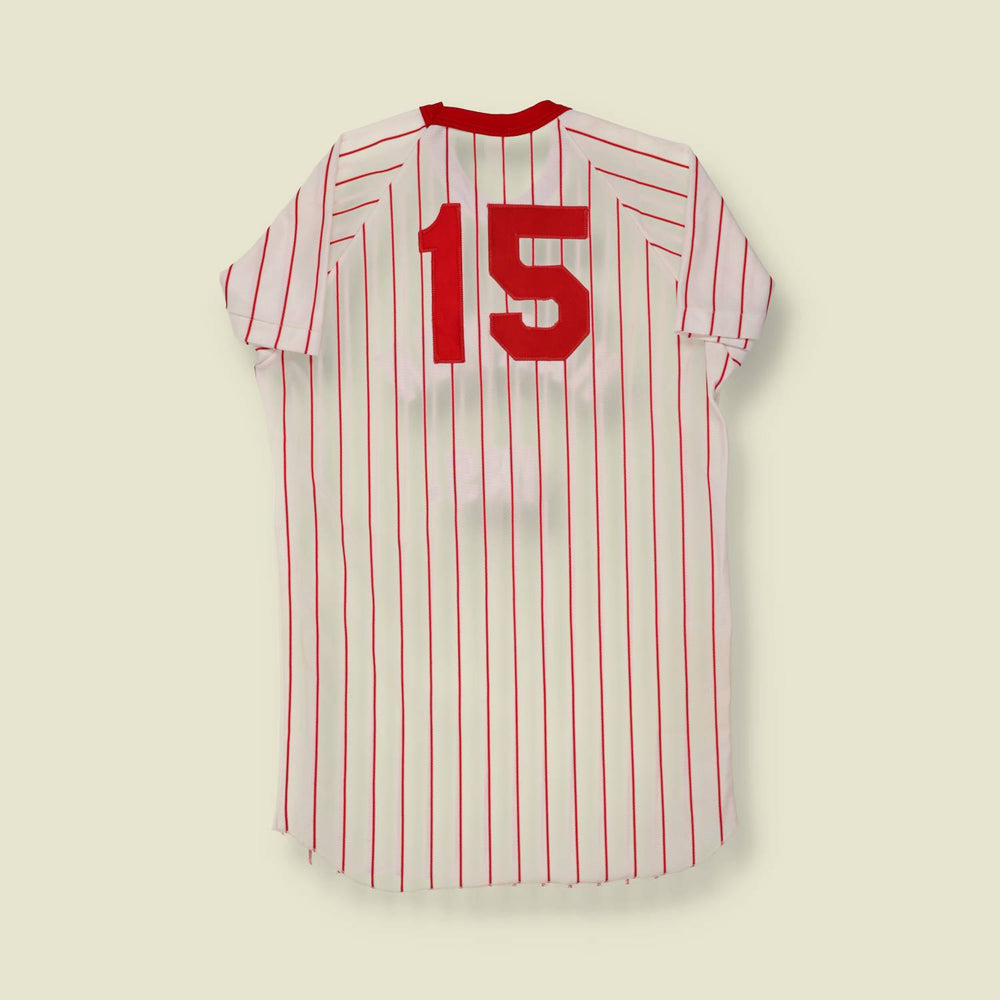 1970s Southern Athletic Red Pinstripe Baseball Jersey “Harmon Ins.” #15 - S/M