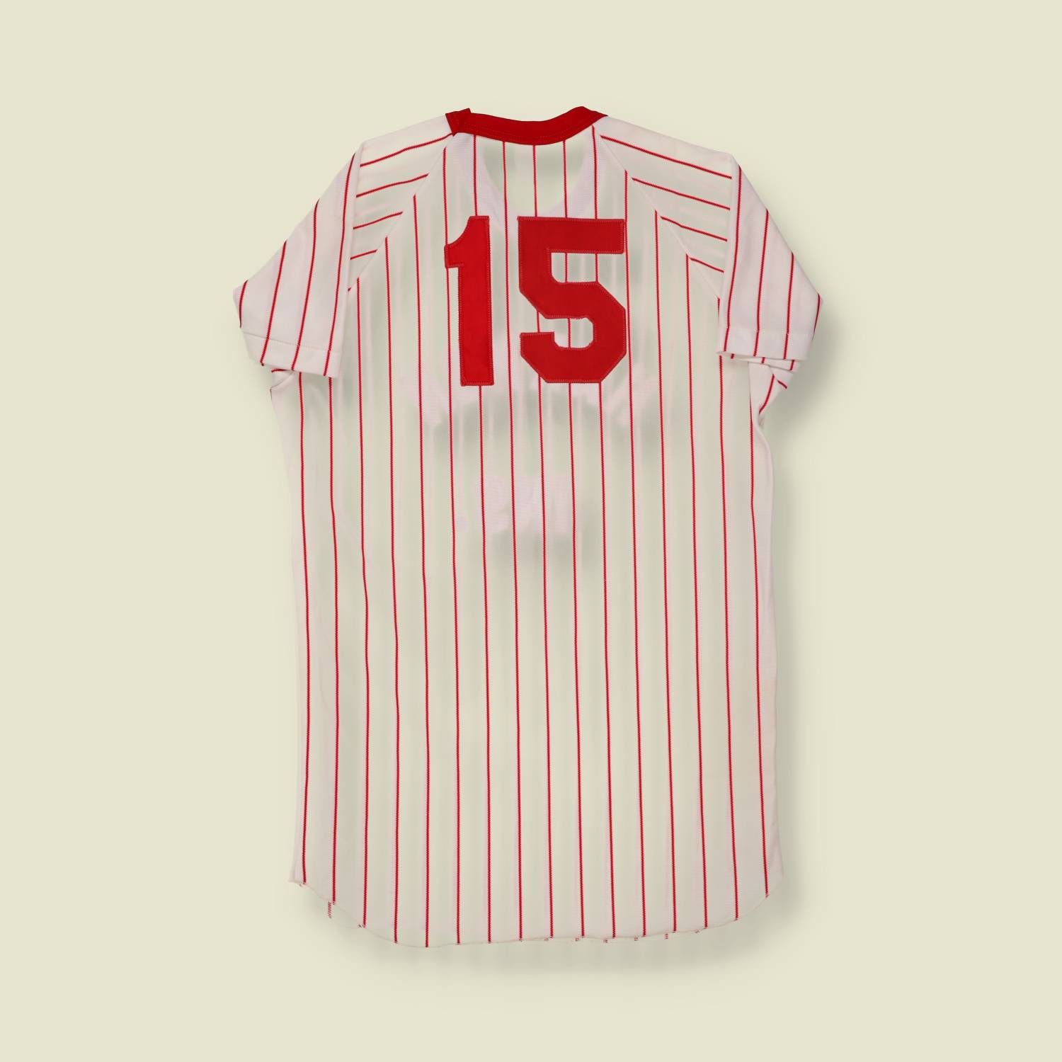1970s Southern Athletic Red Pinstripe Baseball Jersey “Harmon Ins.” #15 - S/M