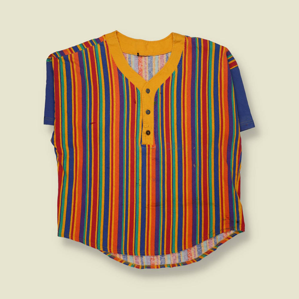 1980s | Striped Cotton Henley T-Shirt | Multicolour - 4XL