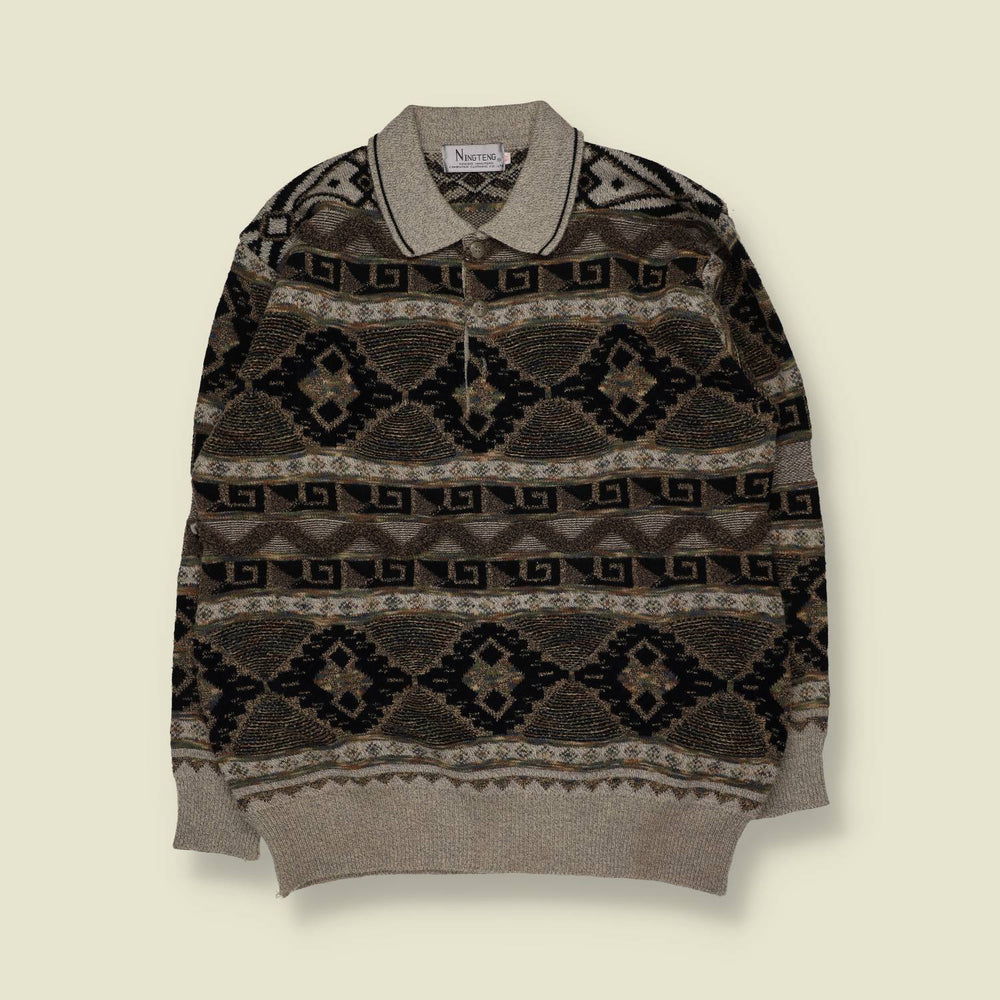 1980s | Ningteng | Textured Geometric Knit Polo Jumper | Grey/Black - XL