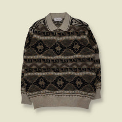 1980s | Ningteng | Textured Geometric Knit Polo Jumper | Grey/Black - XL