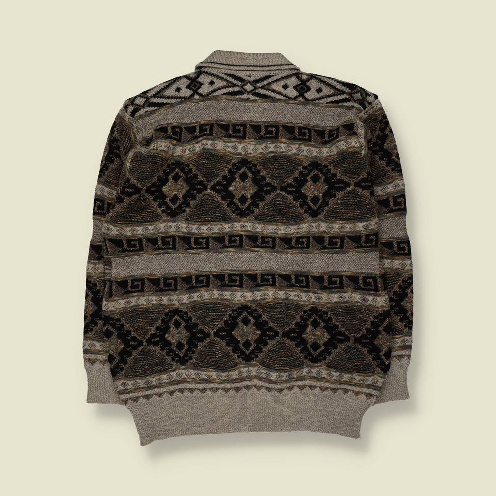 1980s | Ningteng | Textured Geometric Knit Polo Jumper | Grey/Black - XL