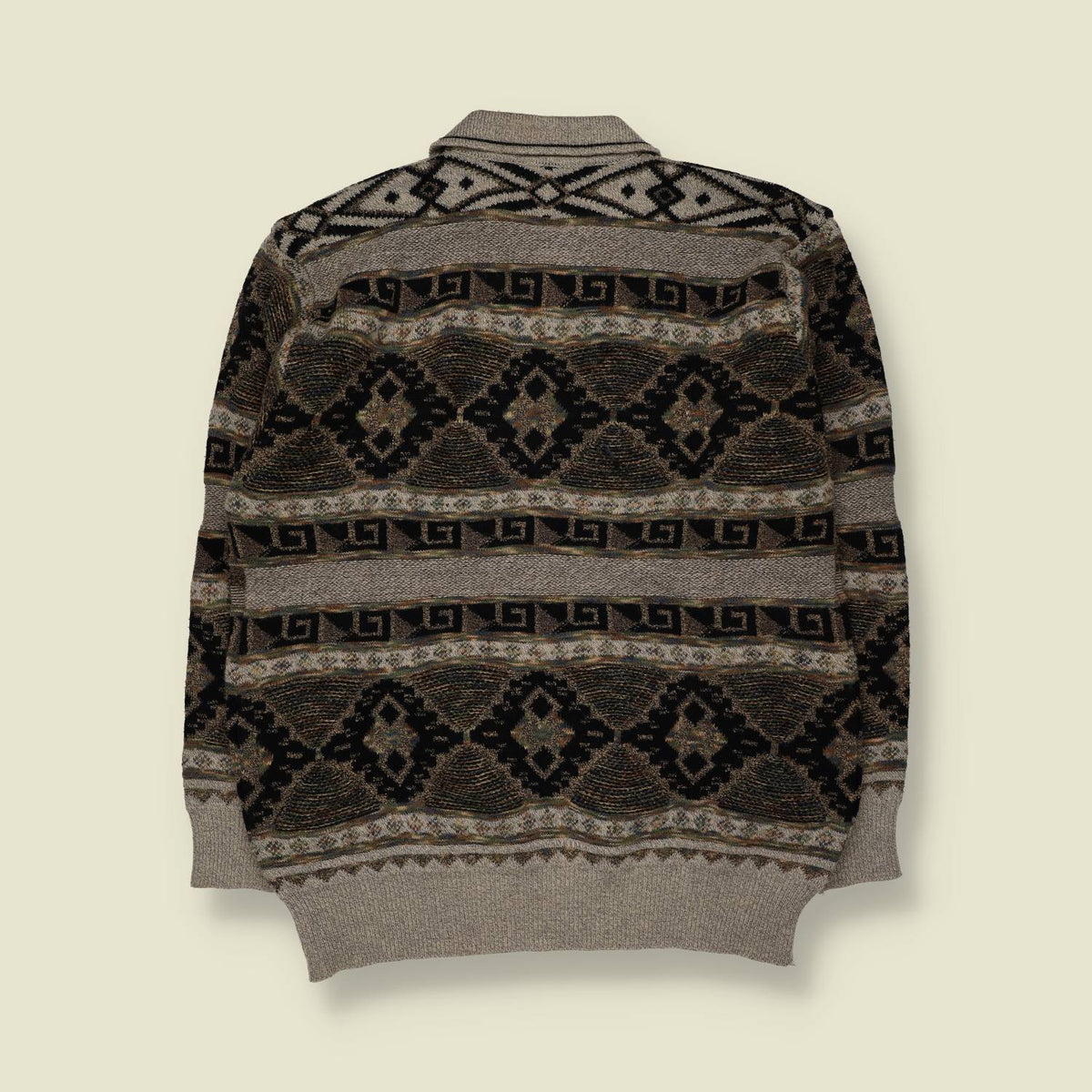 1980s | Ningteng | Textured Geometric Knit Polo Jumper | Grey/Black - XL