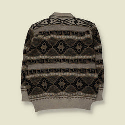 1980s | Ningteng | Textured Geometric Knit Polo Jumper | Grey/Black - XL