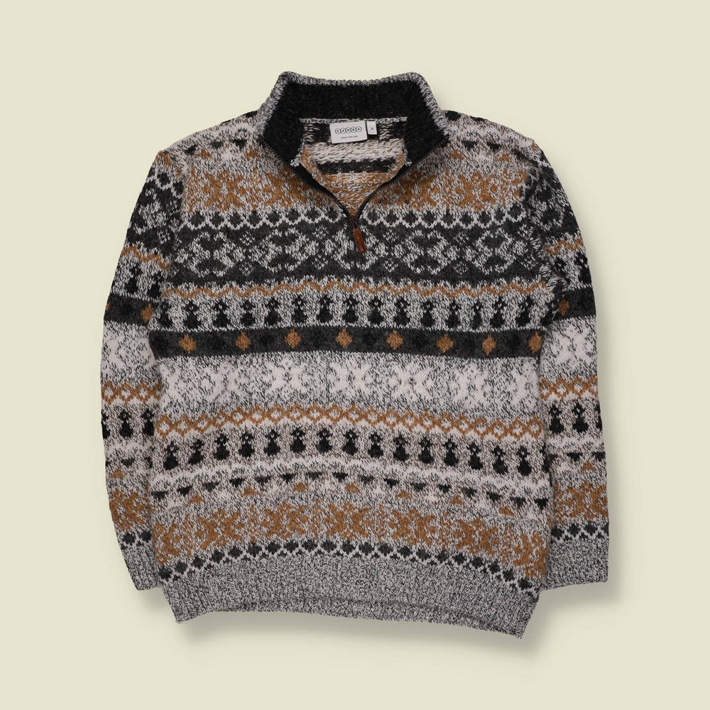 1980s | C&A | Fair Isle Quarter-Zip Knit Jumper | Grey/Tan - S