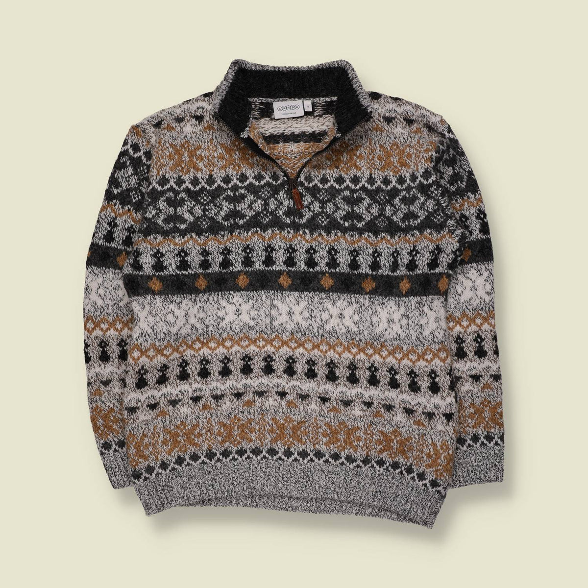 1980s | C&A | Fair Isle Quarter-Zip Knit Jumper | Grey/Tan - S