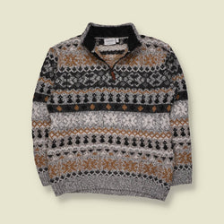 1980s | C&A | Fair Isle Quarter-Zip Knit Jumper | Grey/Tan - S