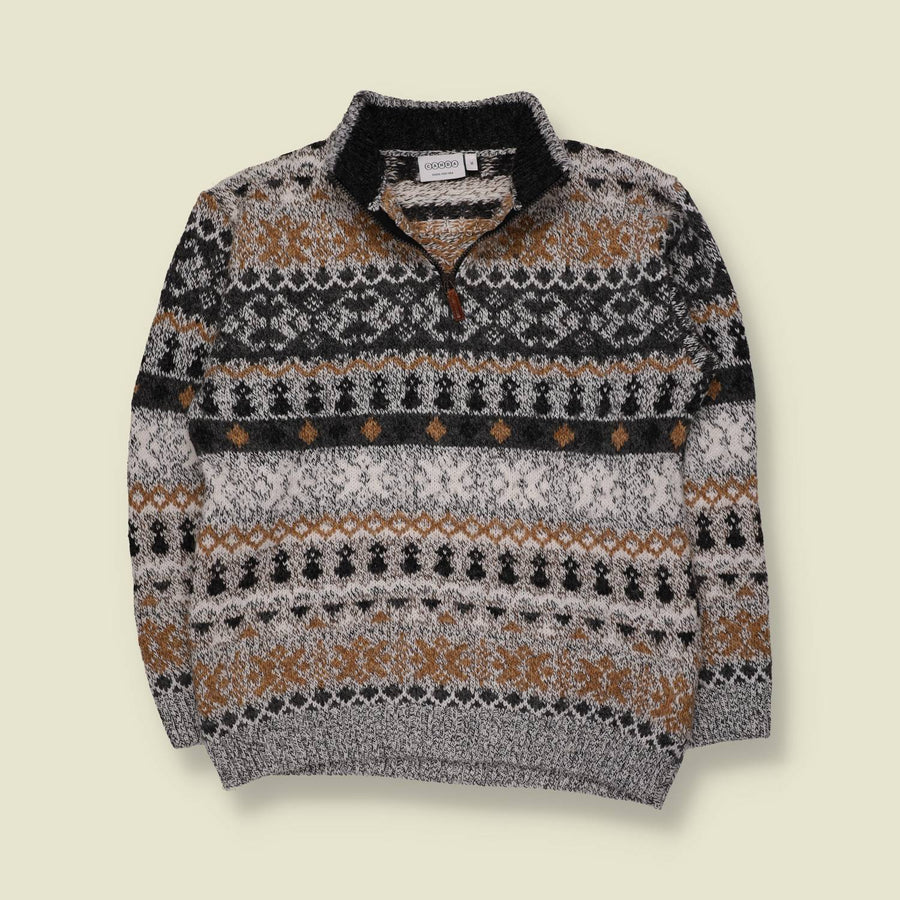 1980s | C&A | Fair Isle Quarter-Zip Knit Jumper | Grey/Tan - S