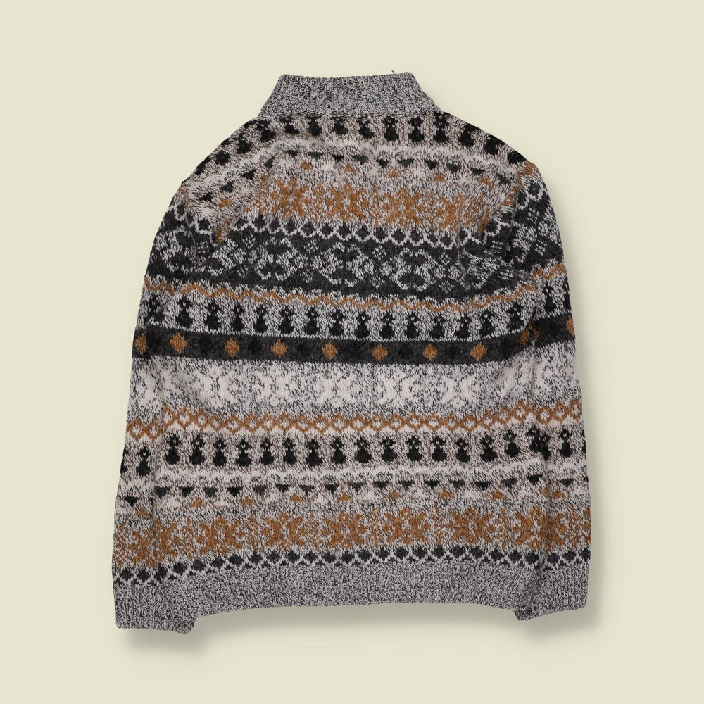 1980s | C&A | Fair Isle Quarter-Zip Knit Jumper | Grey/Tan - S