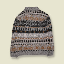 1980s | C&A | Fair Isle Quarter-Zip Knit Jumper | Grey/Tan - S