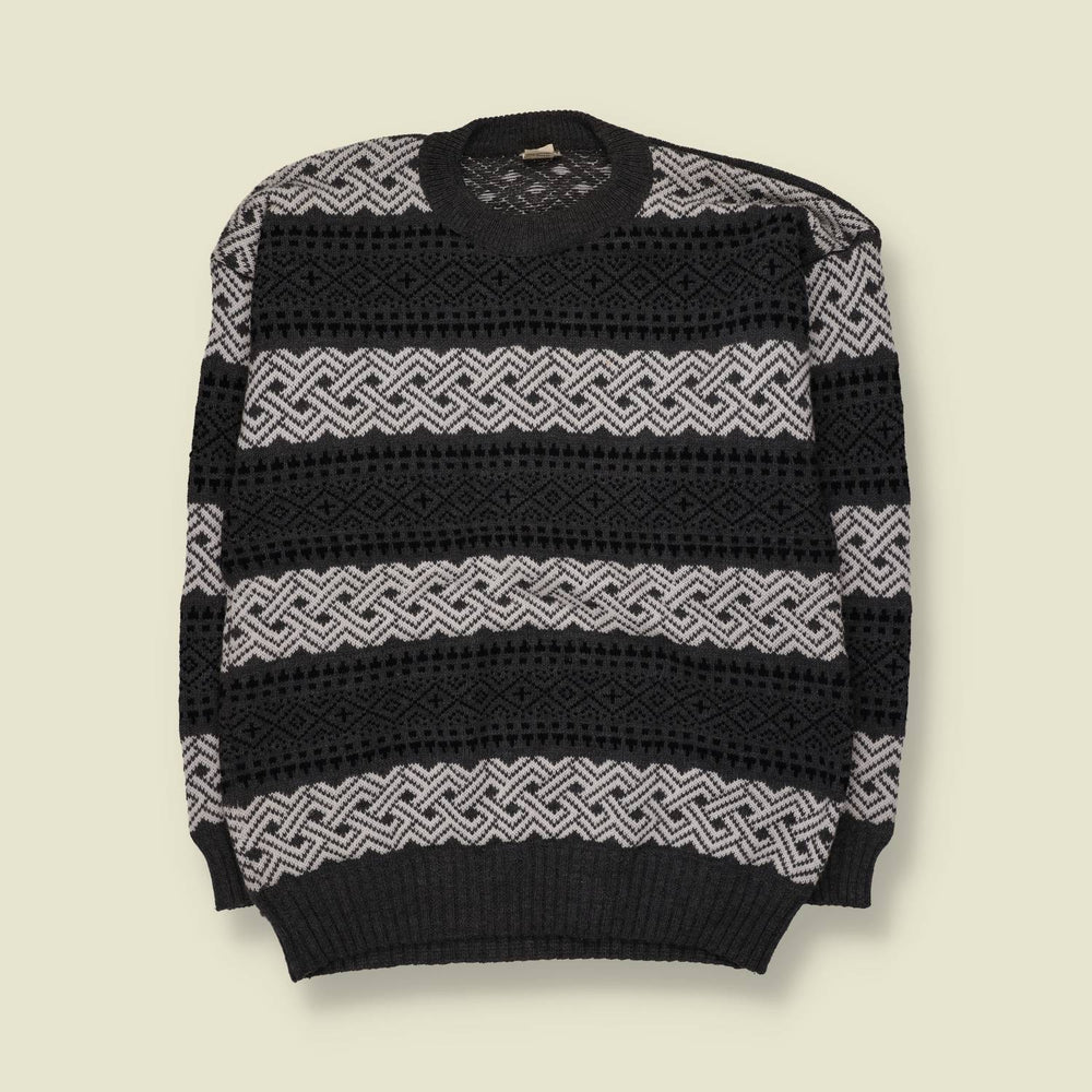 1980s | Fair Isle Knit Jumper | Black/Grey - L