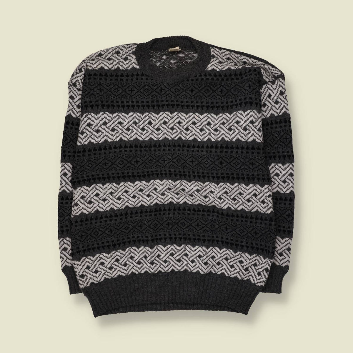 1980s | Fair Isle Knit Jumper | Black/Grey - L