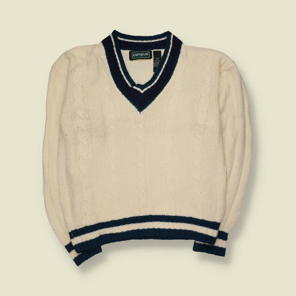 1980s | Campus | Cricket Cable Knit Jumper | Cream/Navy - L