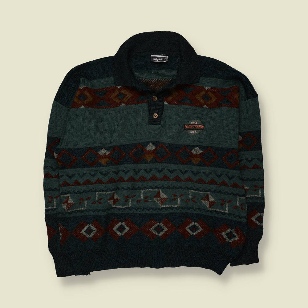 1980s | Rivelli | Fair Isle Knit Polo Jumper | Green/Navy - XXL