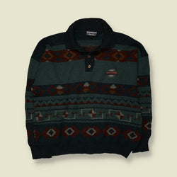 1980s | Rivelli | Fair Isle Knit Polo Jumper | Green/Navy - XXL