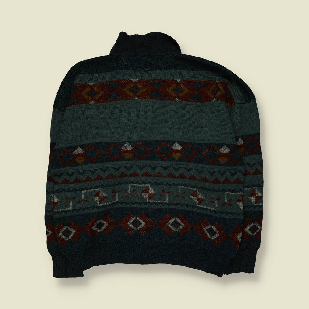 1980s | Rivelli | Fair Isle Knit Polo Jumper | Green/Navy - XXL