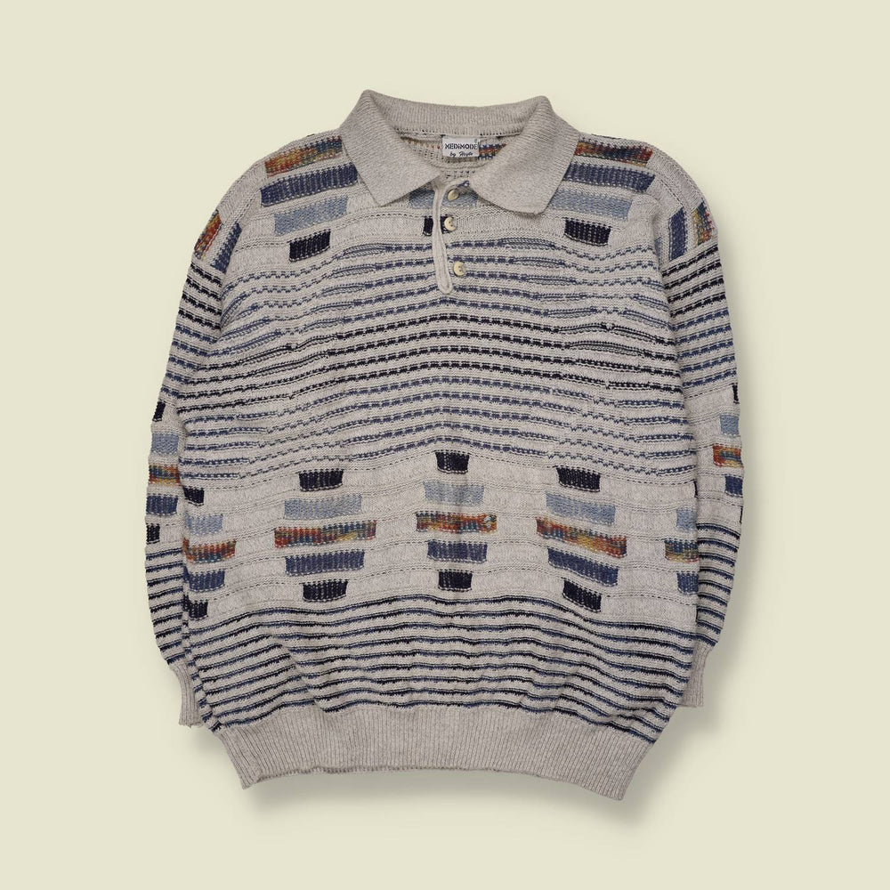 1980s | Medimode by Heyer | Textured Knit Polo Jumper | Grey Multi - XXL
