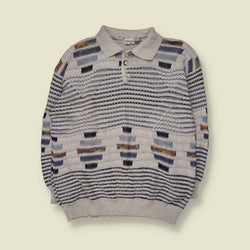 1980s | Medimode by Heyer | Textured Knit Polo Jumper | Grey Multi - XXL